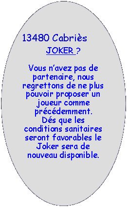 Ellipse: 13480 CabrièsJOKER ?Vous n’avez pas de partenaire, nous regrettons de ne plus pouvoir proposer un joueur comme précédemment.Dés que les conditions sanitaires seront favorables le Joker sera de nouveau disponible. 